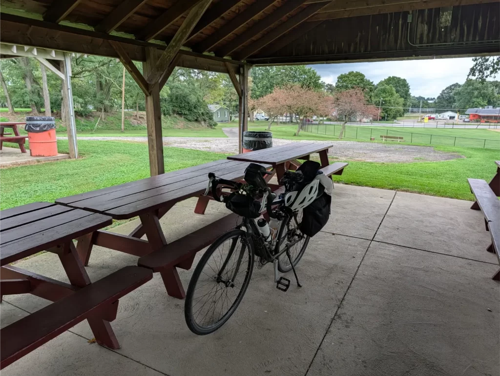 Hunkering down under a pavilion at Dalton Village Park
