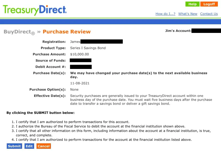 TreasuryDirect - Series I Savings Bonds - Purchase review
