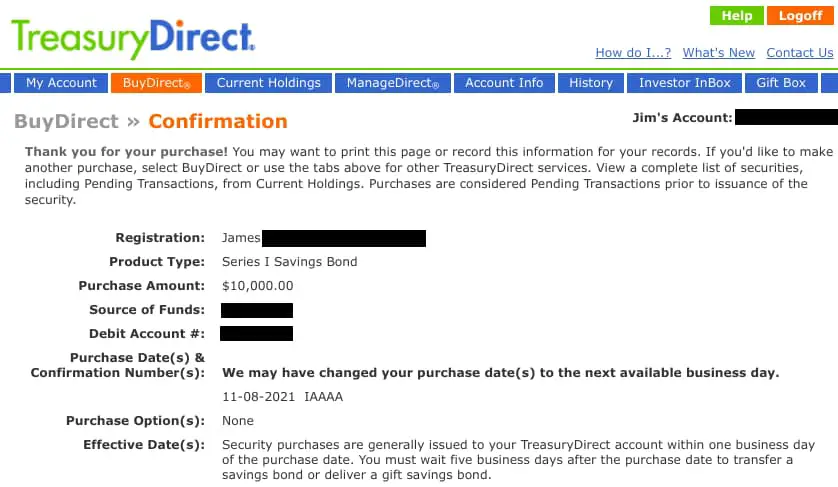 TreasuryDirect - Series I Savings Bonds - Purchase confirmation