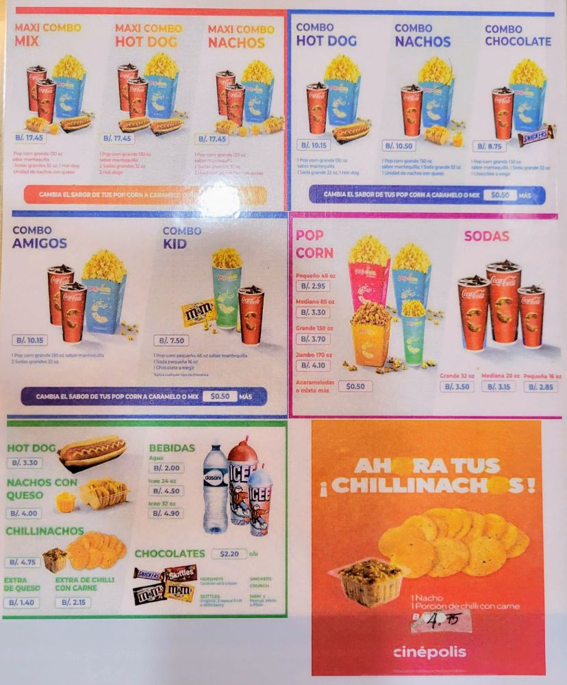 Snack prices at the Cinépolis movie theater