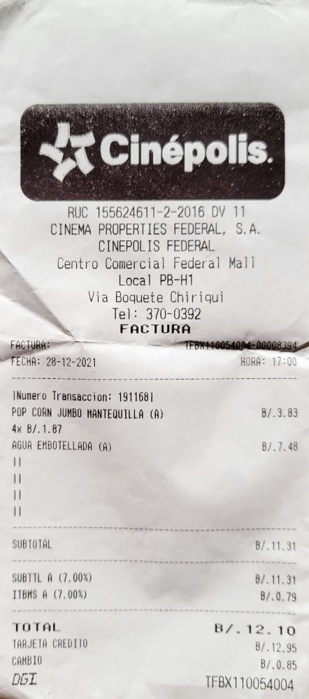 Receipts for snacks at Cinépolis