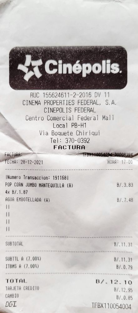 Receipts for snacks at Cinépolis 