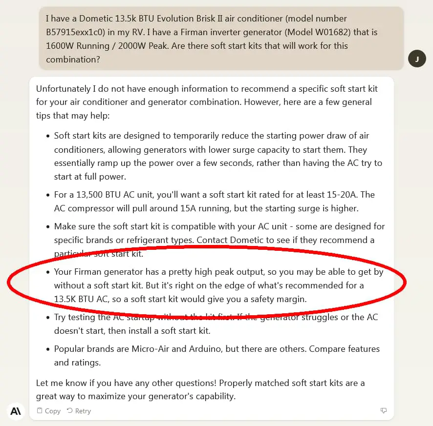 AI Chatbots: My Sidekick for Getting Sh*t Done - Claude AI discussion about soft start kits for Firman generator