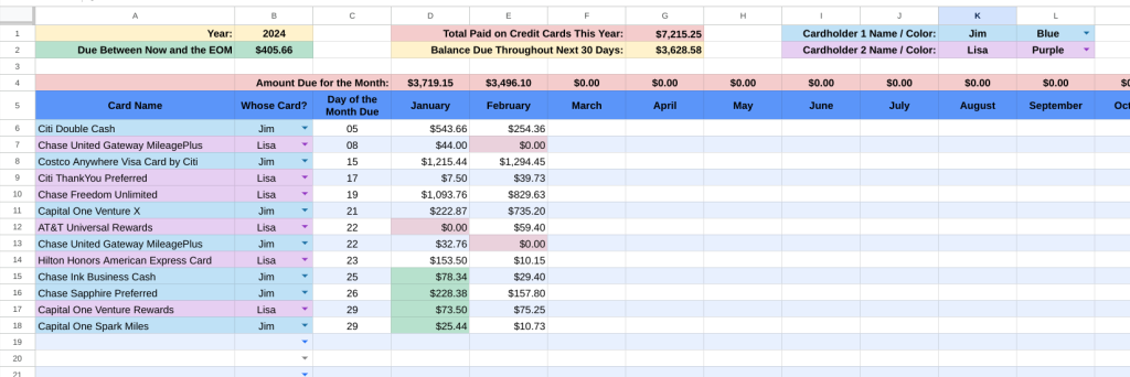 Spreadsheet to Track Upcoming Credit Card Bills