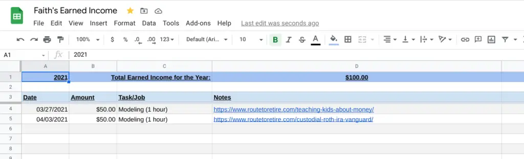 How and Why To Open a Custodial Roth IRA at Vanguard - Faith's Earned Income Google Sheets Spreadsheet