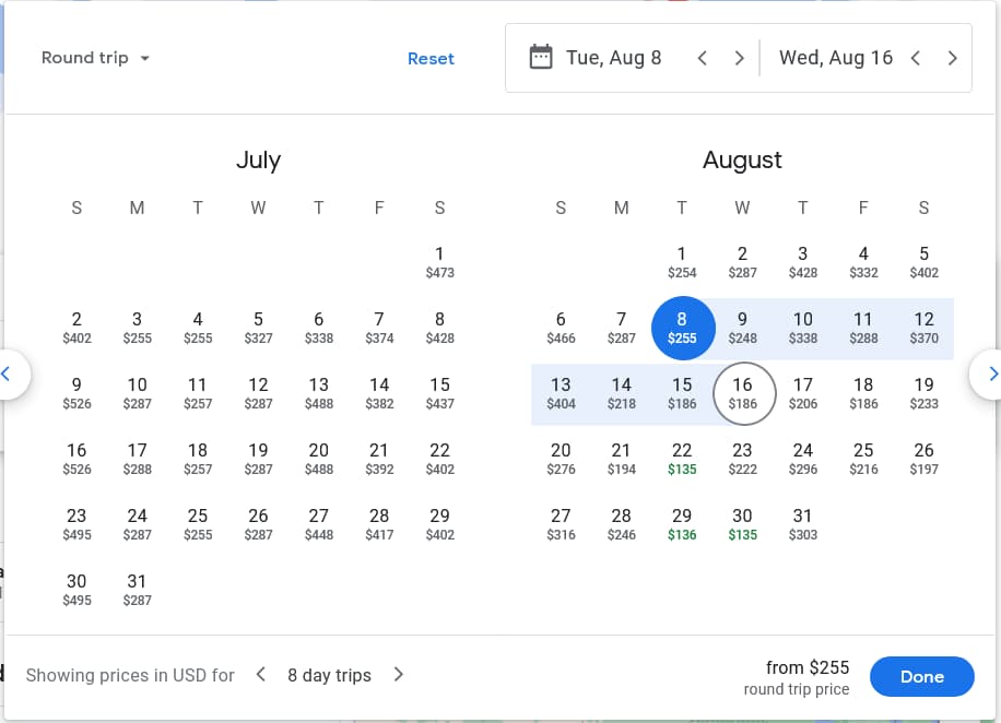 Travel Planning - Google Flights Price Matrix