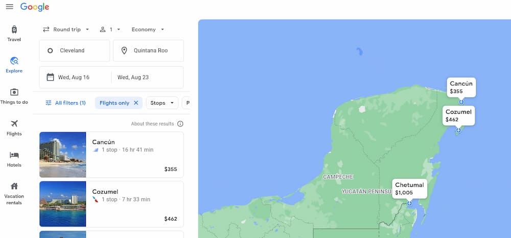 Travel Planning - Google Flights to Quintana Roo