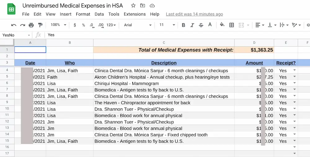 Using Your HSA for Retirement – Spreadsheet tracking - Yearly tab