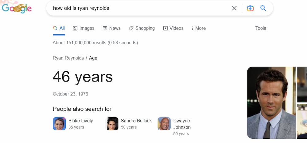 Google results - How old is Ryan Reynolds