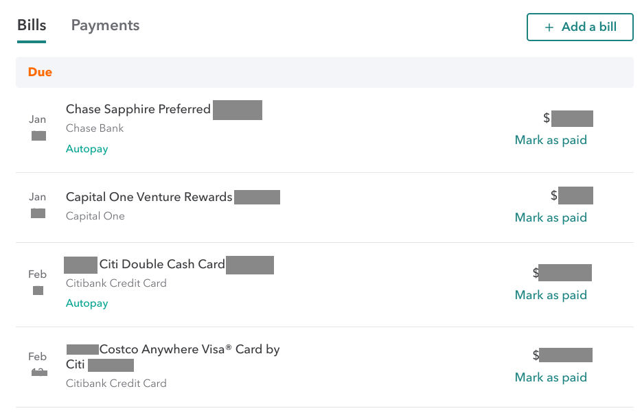 Intuit Mint - Upcoming credit card bills due