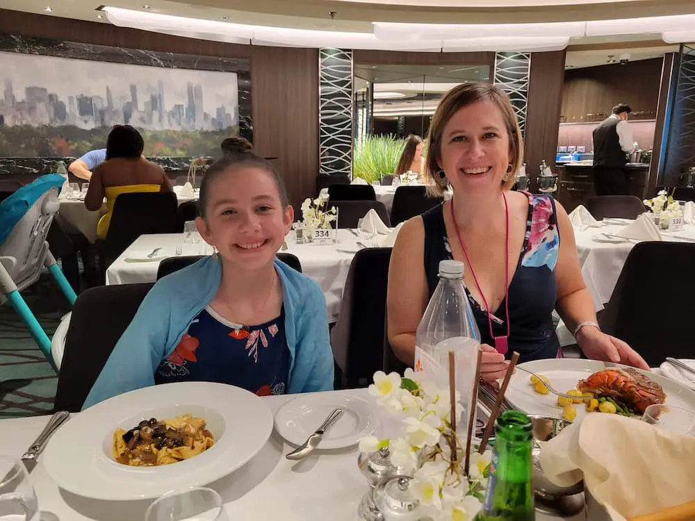 Cruise Vacations – My 3 Rules and My 3 Favorite Indulgences - Faith and Lisa at dinner in the MDR