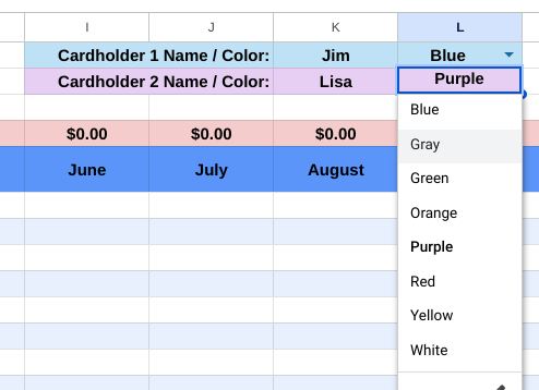 Spreadsheet to Track Upcoming Credit Card Bills - Names and Colors