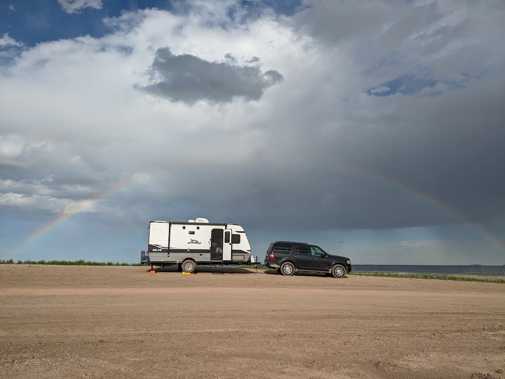 RV and rainbow in Wall, South Dakota