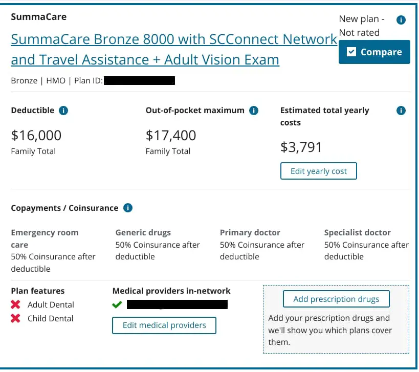 SummaCare Bronze 8000 with SCConnect Network and Travel Assistance + Adult Vision Exam