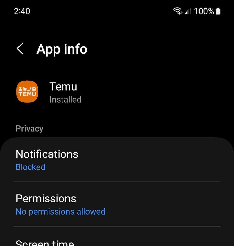 Temu - Android app permissions