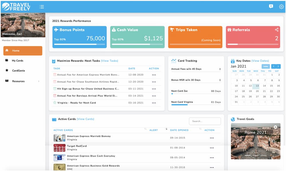 Credit card travel rewards - Travel Freely Dashboard