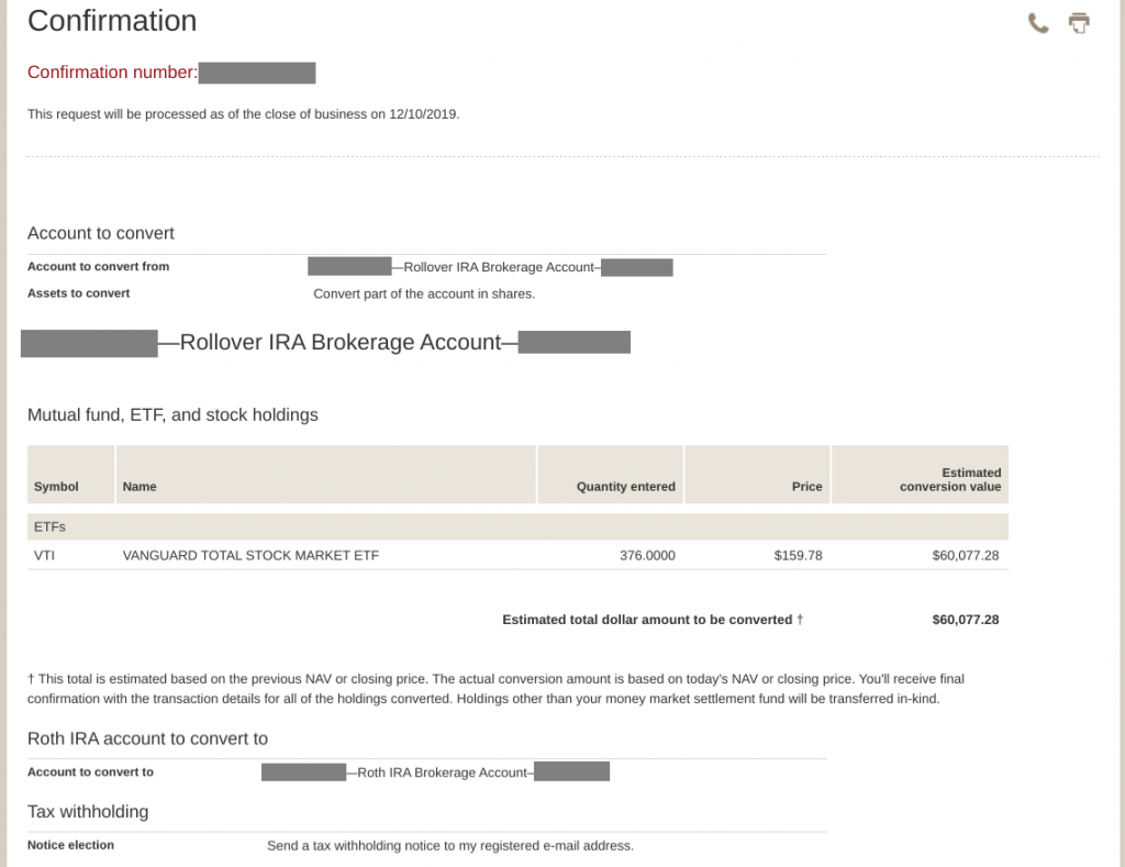 Roth Conversion confirmation